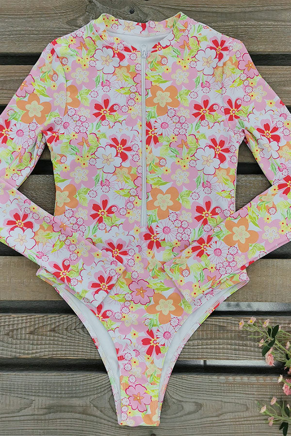 Pink Floral Print One Piece Swimsuit Long Sleeve UPF50+ Rash Guard