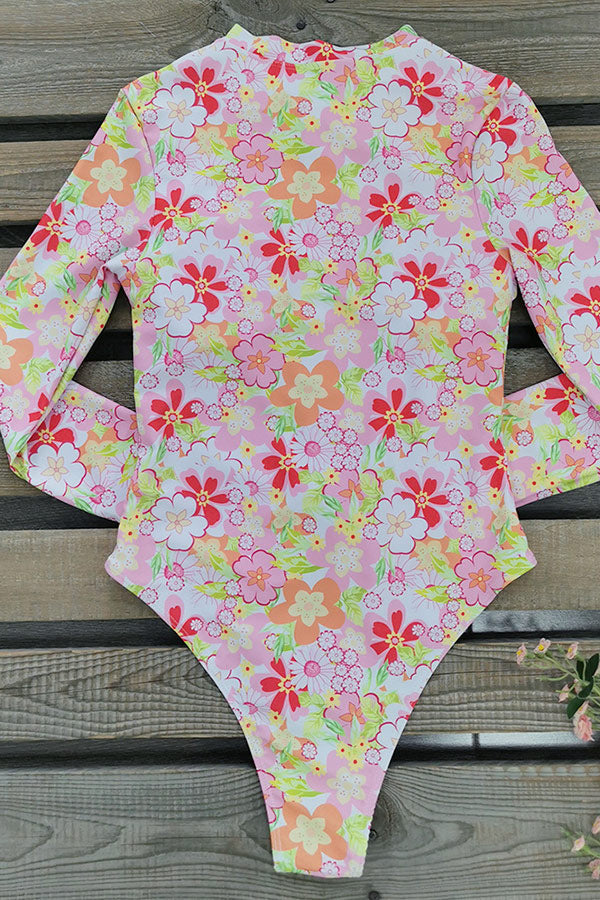 Pink Floral Print One Piece Swimsuit Long Sleeve UPF50+ Rash Guard