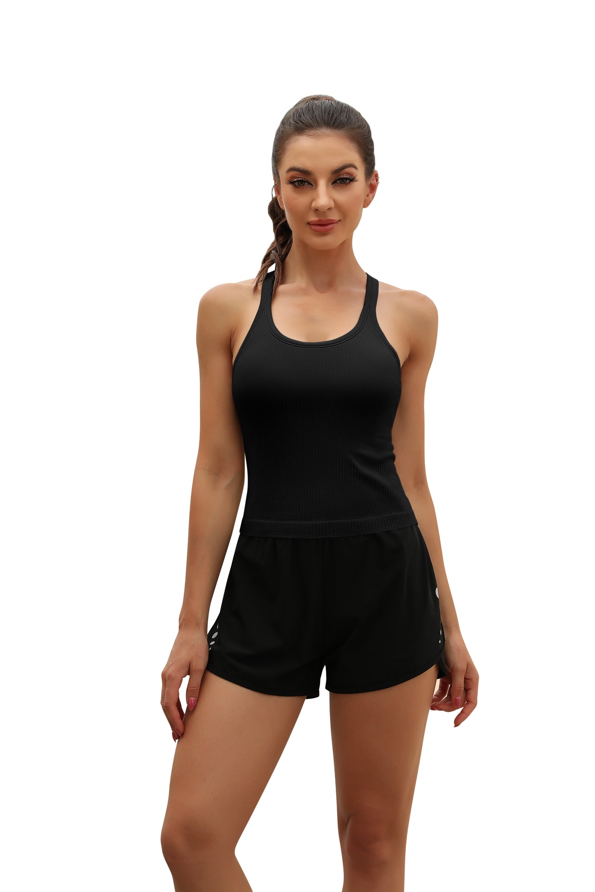 Black Scoop Neck Racerback Waist Length Ribbed Workout Crop Tops Tank Top