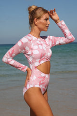 Clearance | Pink Floral Print Cut Out Zip Long Sleeve UPF50+ Rash Guard