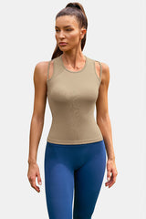 Khaki Round Neck Double Strap Seamless Navel Top Fitness Tank Top