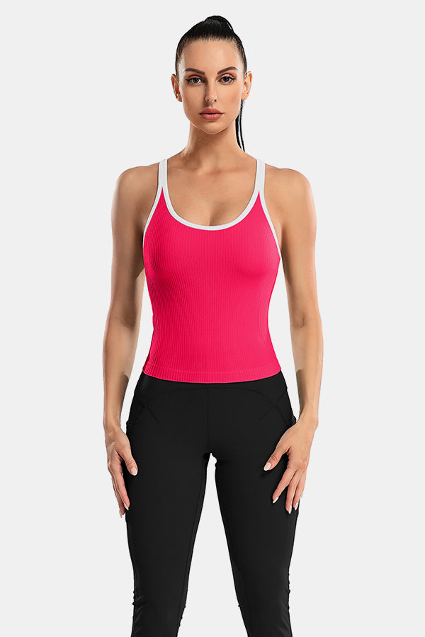 Red Racerback Scoop Neck Athletic Top Hip Length Ribbed Workout Tank Tops