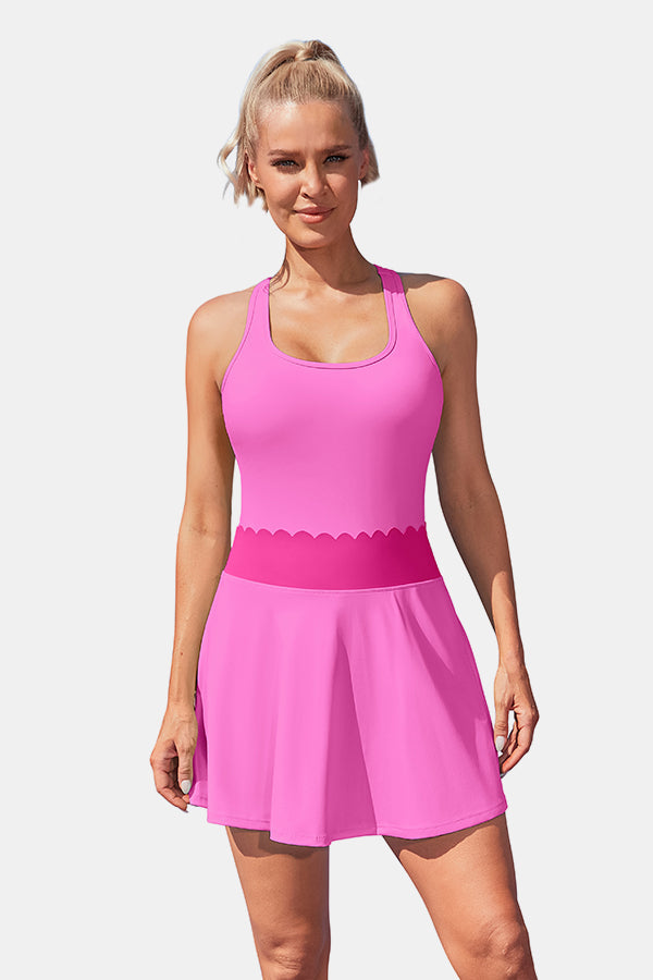 Women's Tennis Dress with Built-in Shorts Scalloped Pink Golf Dress Racerback Athletic Skirts