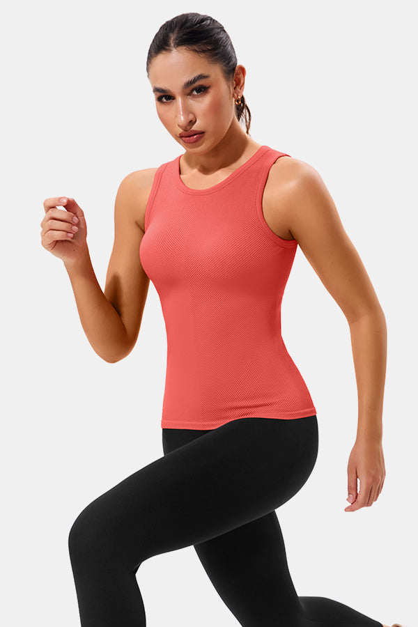 Coral High Neck Full Back Seamless Tight Fit Ribbed Tank Top