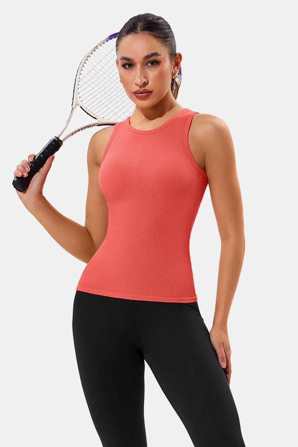 Coral High Neck Full Back Seamless Tight Fit Ribbed Tank Top