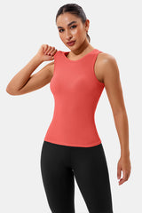 Coral High Neck Full Back Seamless Tight Fit Ribbed Tank Top