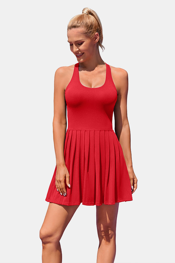 Women Seamless Tank Red Athletic Dress Pleated Golf Dress