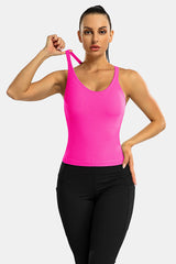 Neon Pink Scoop Neck Racerback Waist Length Ribbed Workout Crop Tops Tank Top