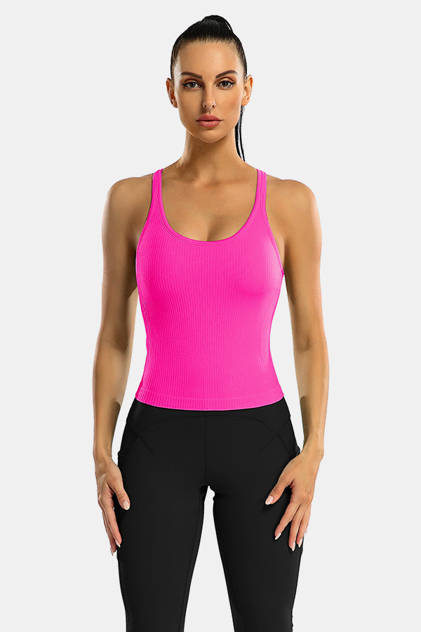 Neon Pink Scoop Neck Racerback Waist Length Ribbed Workout Crop Tops Tank Top