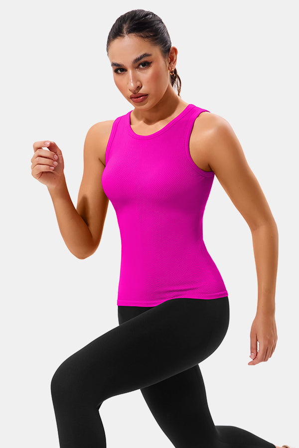 Neon Pink High Neck Full Back Seamless Tight Fit Ribbed Tank Top