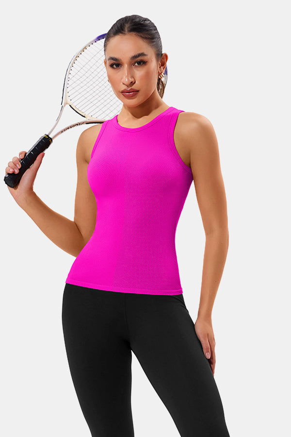 Neon Pink High Neck Full Back Seamless Tight Fit Ribbed Tank Top