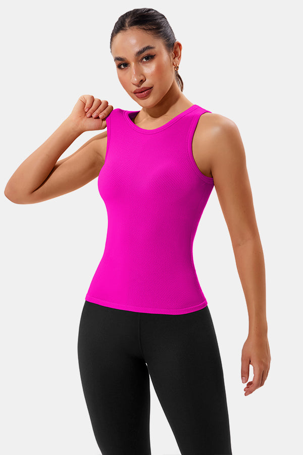 Neon Pink High Neck Full Back Seamless Tight Fit Ribbed Tank Top