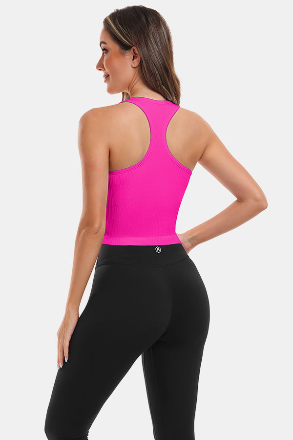 Neon Pink Short Navel-Exposed Racerback Design U-Neck Seamless Tight Fit Yoga Tank