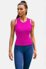 Hot Pink Round Neck Double Strap Seamless Navel Top Fitness Tank Top