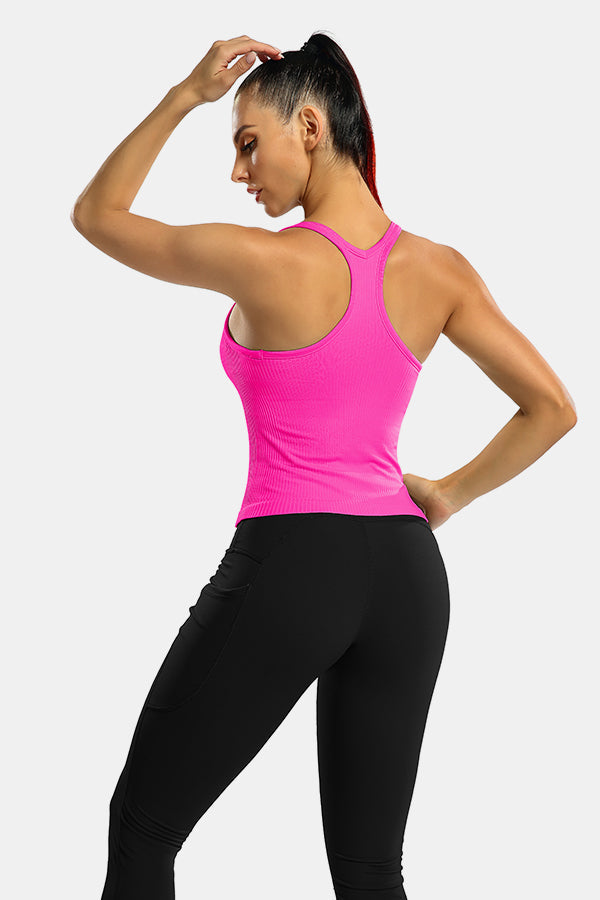 Neon Pink Scoop Neck Racerback Waist Length Ribbed Workout Crop Tops Tank Top