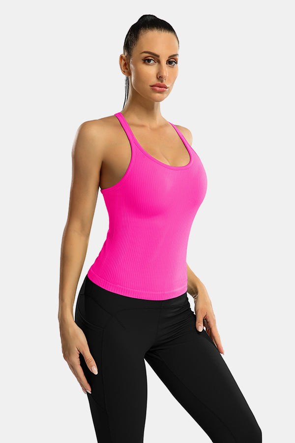 Neon Pink Scoop Neck Racerback Waist Length Ribbed Workout Crop Tops Tank Top