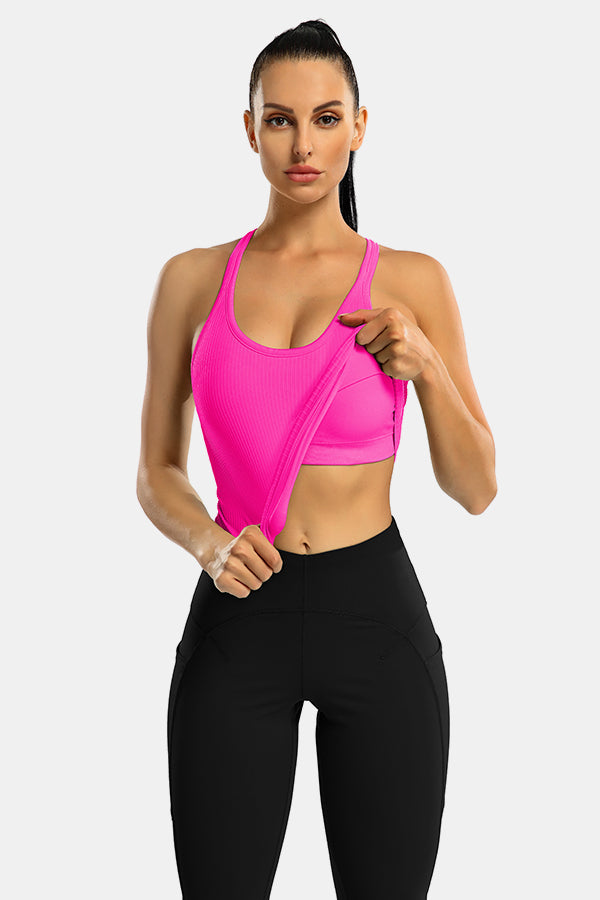 Neon Pink Scoop Neck Racerback Waist Length Ribbed Workout Crop Tops Tank Top