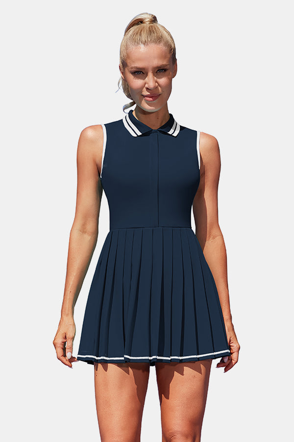 Women Tennis Polo Dresses Ribbed Half Zip Pleated Navy Golf Workout Dress with Built in Shorts and Bra