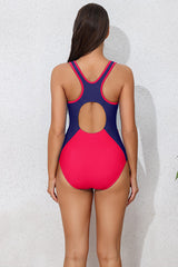 Colorblocky One Piece Pink Racerback Low Cut Leg Sports Swimsuit