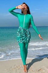 Women's Muslim Modest Front Zipper One-Piece Swimsuit UPF50+ Rash Guard With Skirt And Pants