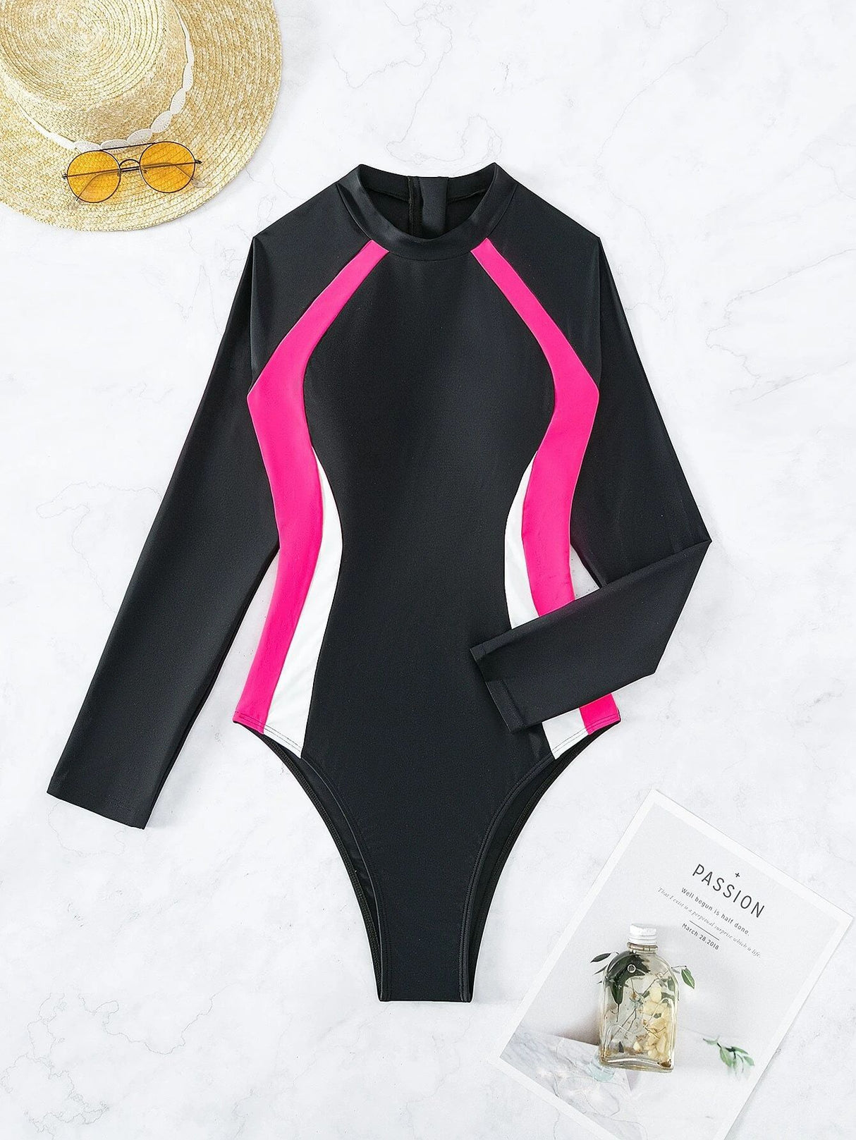 Colorblock Cut Out High Neck One Piece Swimsuit Long Sleeve UPF50+ Rash Guard