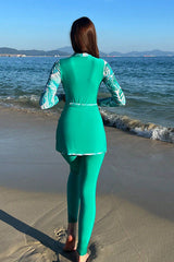 Muslim Modest Swimsuit Long Sleeve White Print On Green One-piece With zip UPF50+ Rash Guard