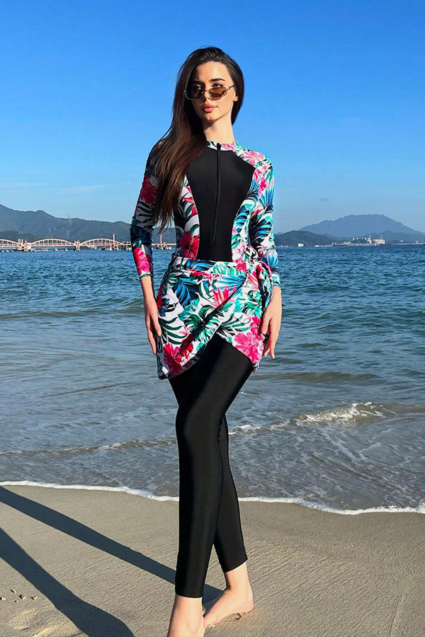 Muslim Modest Contrast Floral Print Long Sleeve Burkini Set UPF50+ Rash Guard With Skirt And Pants