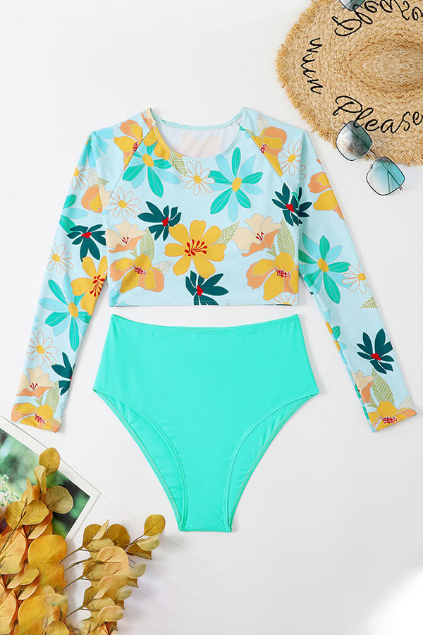 Floral Print Long Sleeve Two Pieces UPF50+ Rash Guard