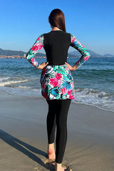 Muslim Modest Contrast Floral Print Long Sleeve Burkini Set UPF50+ Rash Guard With Skirt And Pants