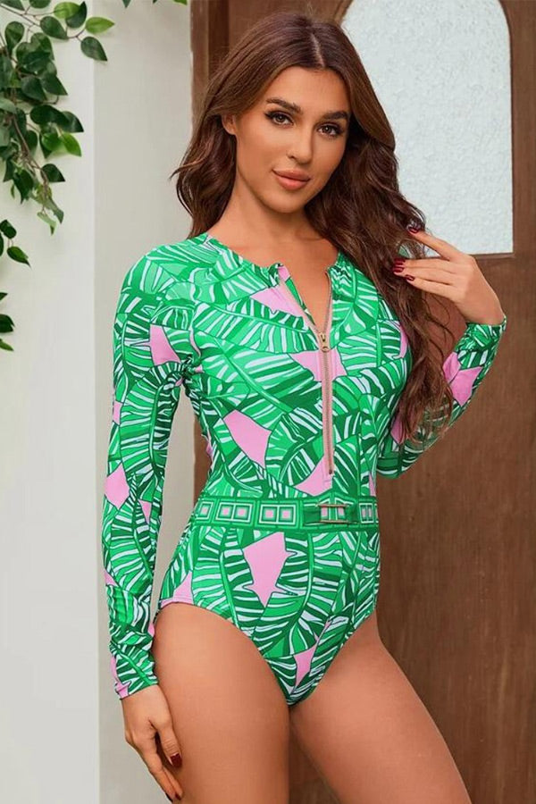 Vintage Green Leaf Print Zipper Long Sleeve One-Piece