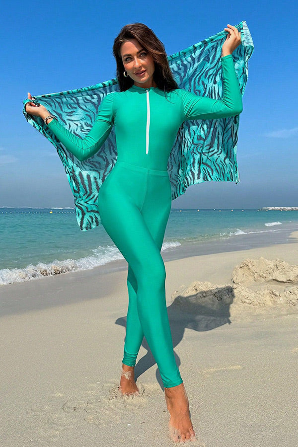 Women's Muslim Modest Front Zipper One-Piece Swimsuit UPF50+ Rash Guard With Skirt And Pants