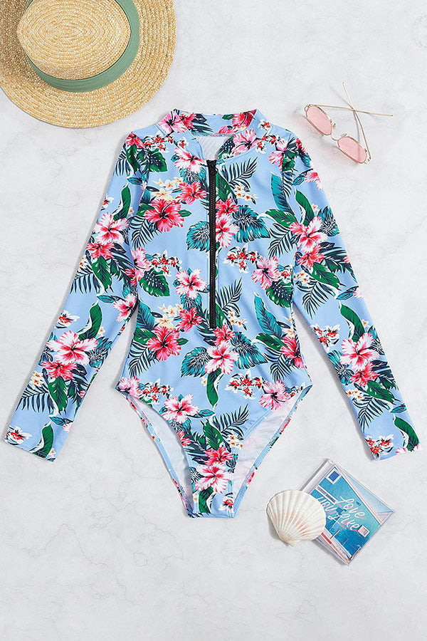 Floral and Leaf Print Zip Front Long Sleeve UPF50+ Rash Guard
