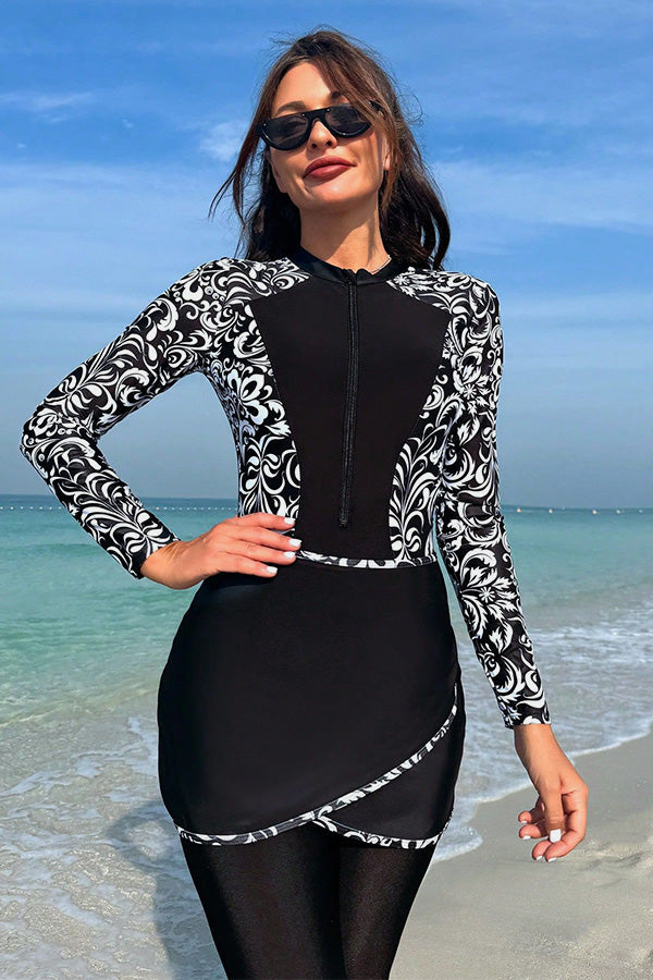 Muslim Modest One-Piece Long Sleeve Swimsuit UPF50+ Rash Guard With Skirt And Pants