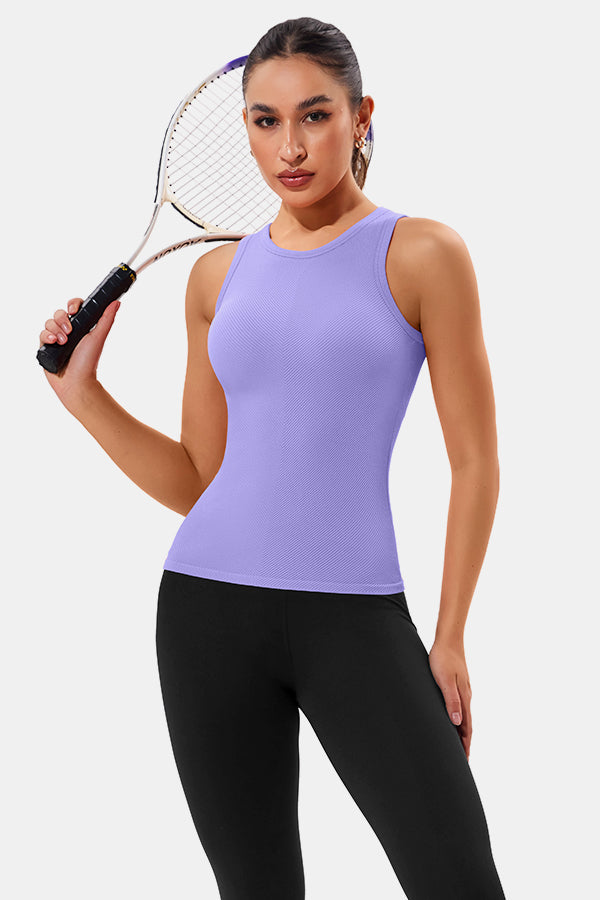 Purple High Neck Full Back Seamless Tight Fit Ribbed Tank Top