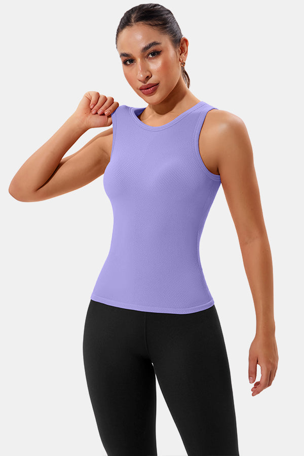 Purple High Neck Full Back Seamless Tight Fit Ribbed Tank Top