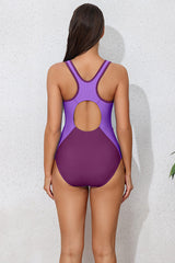 Colorblocky One Piece Purple Racerback Low Cut Leg Sports Swimsuit