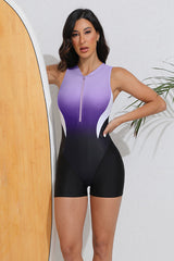 Athletic One Piece Zipper Up Purple Modest Boyleg Swimsuits