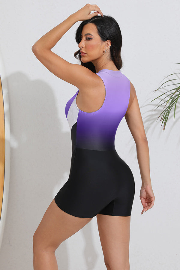 Athletic One Piece Zipper Up Purple Modest Boyleg Swimsuits