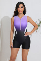 Athletic One Piece Zipper Up Purple Modest Boyleg Swimsuits