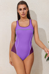 Colorblocky One Piece Purple Racerback Low Cut Leg Sports Swimsuit