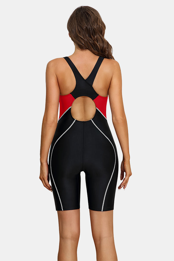 Women Boyleg Swimwear Racerback Athletic One Piece Black-red Block Bathing Suits