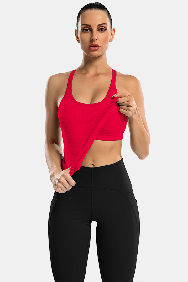 Red Racerback Scoop Neck Athletic Top Hip Length Ribbed Workout Tank Tops