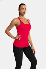 Red Racerback Scoop Neck Athletic Top Hip Length Ribbed Workout Tank Tops