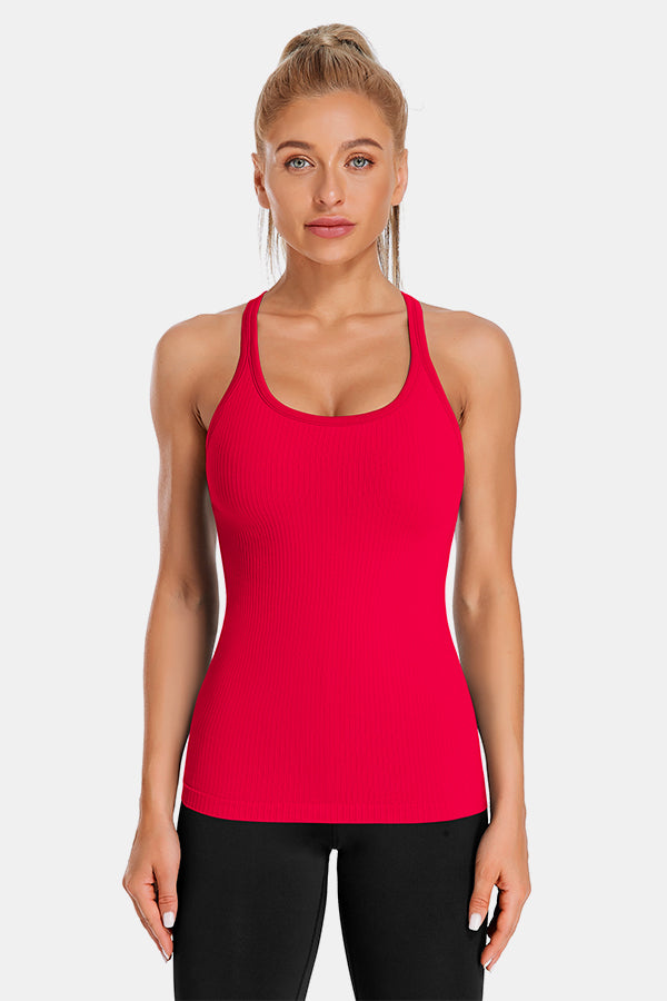 Red Racerback Scoop Neck Athletic Top Hip Length Ribbed Workout Tank Tops