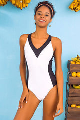 Splice Two Tone Wide Strap Crossback One Piece Swimsuit