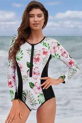 White Long Sleeve Floral Print Zip UPF50+ Rash Guard