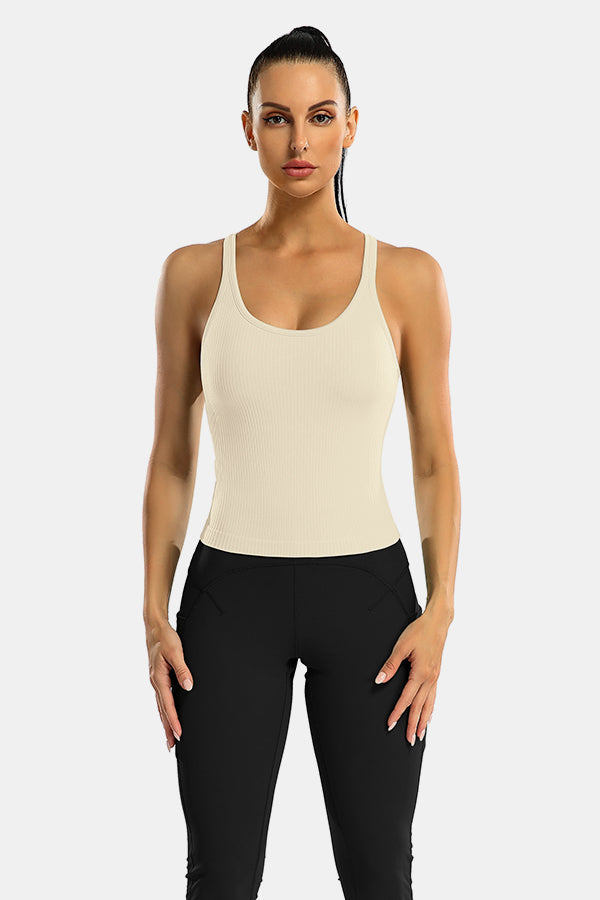 Beige Scoop Neck Racerback Waist Length Ribbed Workout Crop Tops Tank Top