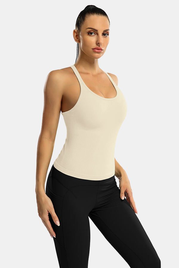 Beige Scoop Neck Racerback Waist Length Ribbed Workout Crop Tops Tank Top