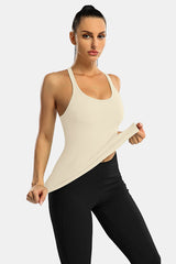 Beige Scoop Neck Racerback Waist Length Ribbed Workout Crop Tops Tank Top