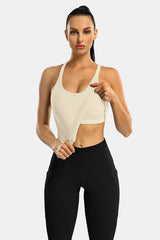 Beige Scoop Neck Racerback Waist Length Ribbed Workout Crop Tops Tank Top